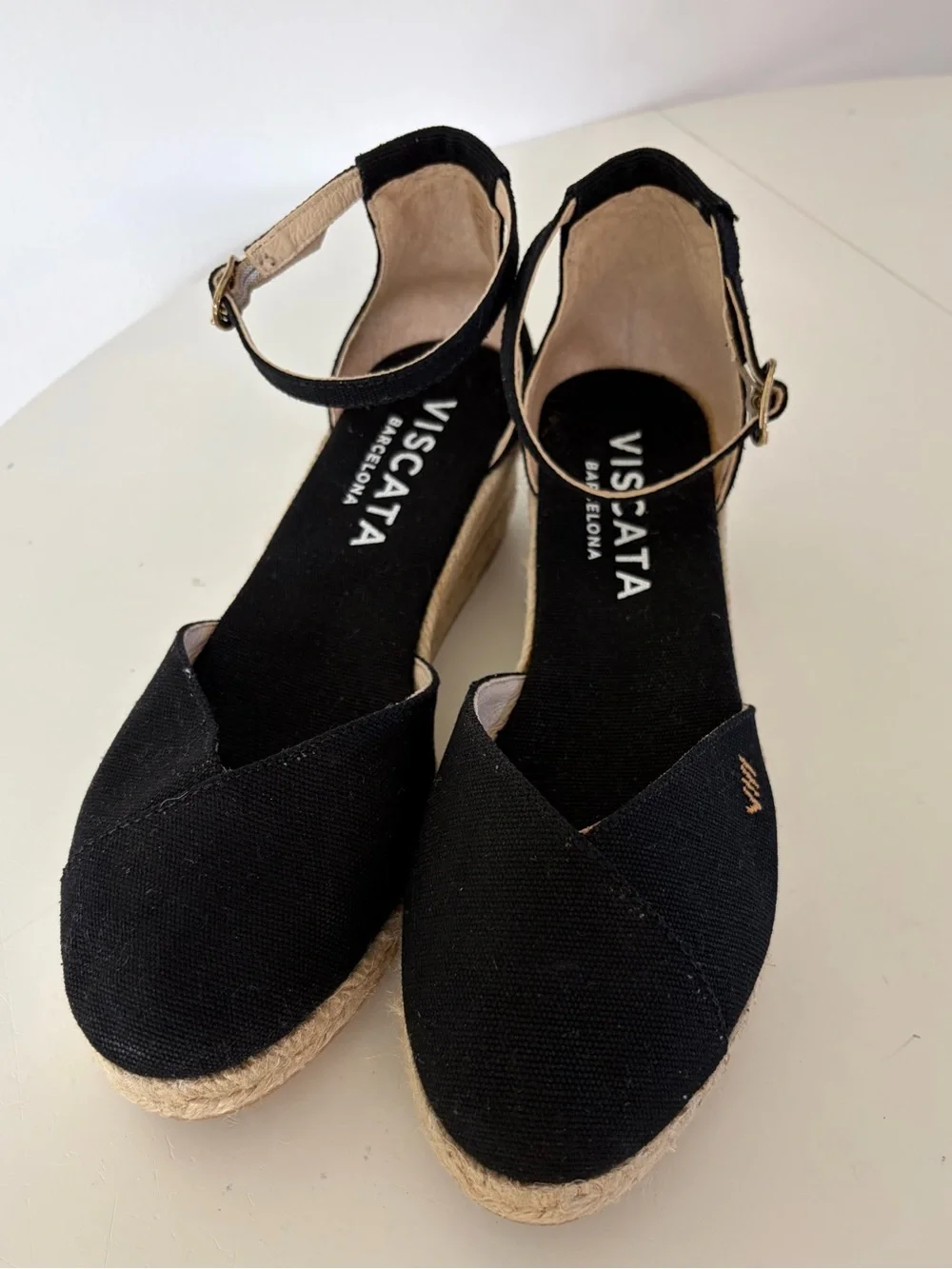 Viscata Barcelona Estartit Black Canvas Espadrille Wedge Sandals Size 40 NWOB